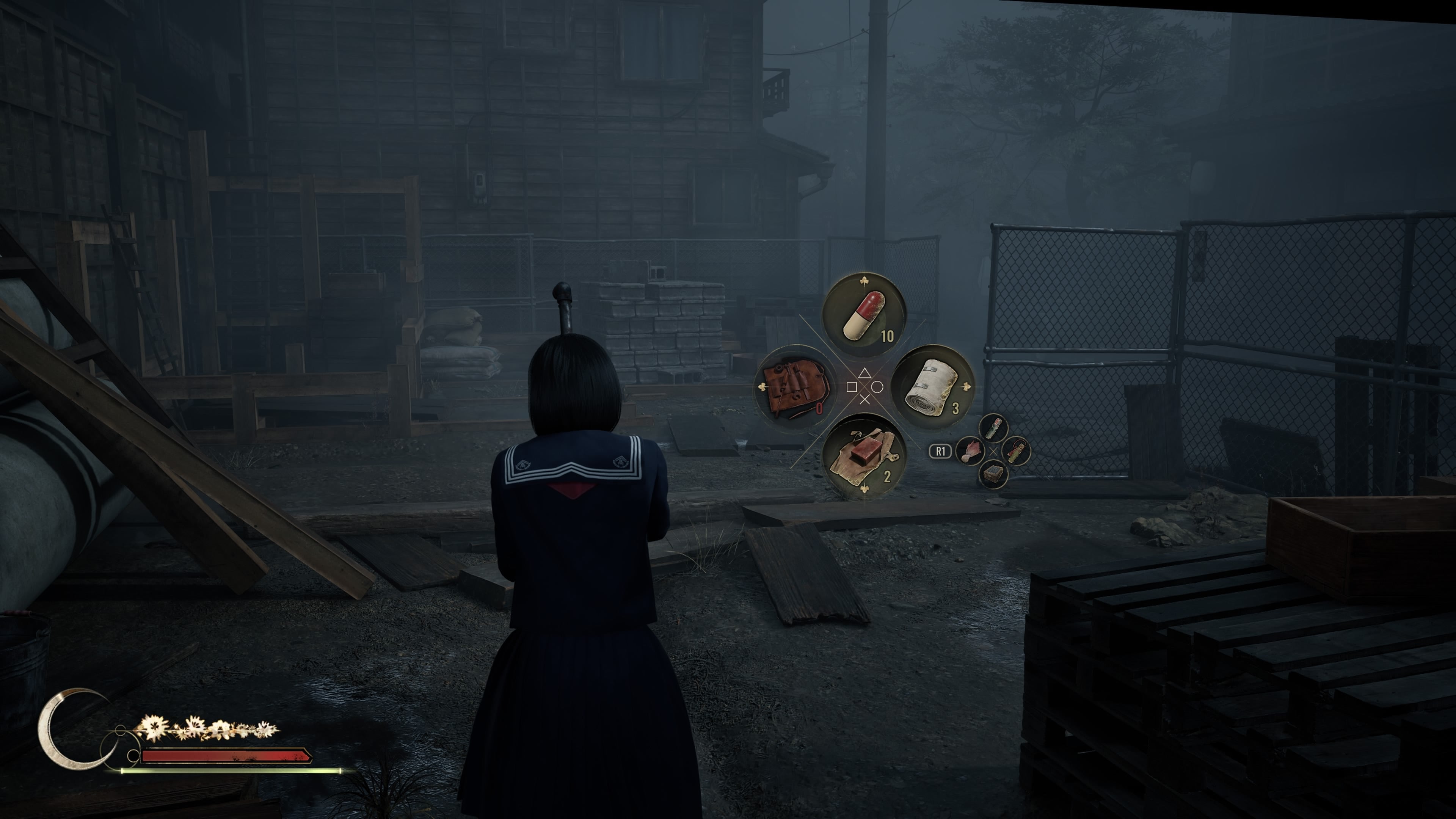 Hinako holds aloft a steel pipe in a dusty corner of the town, near construction. To her right is a pop-up inventory wheel that displays a variety of items.
