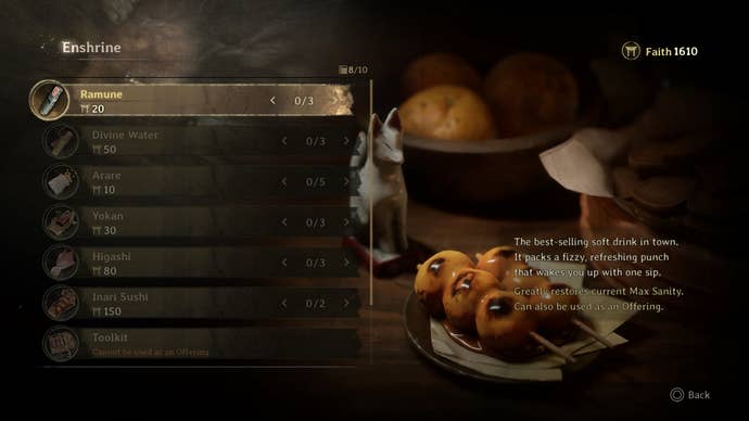 SHf's Enshrine page. Here, you can sacrifice your items as offerings to increase your Faith score which in turns helps you buy permanent upgrades to health, stamina, and sanity.