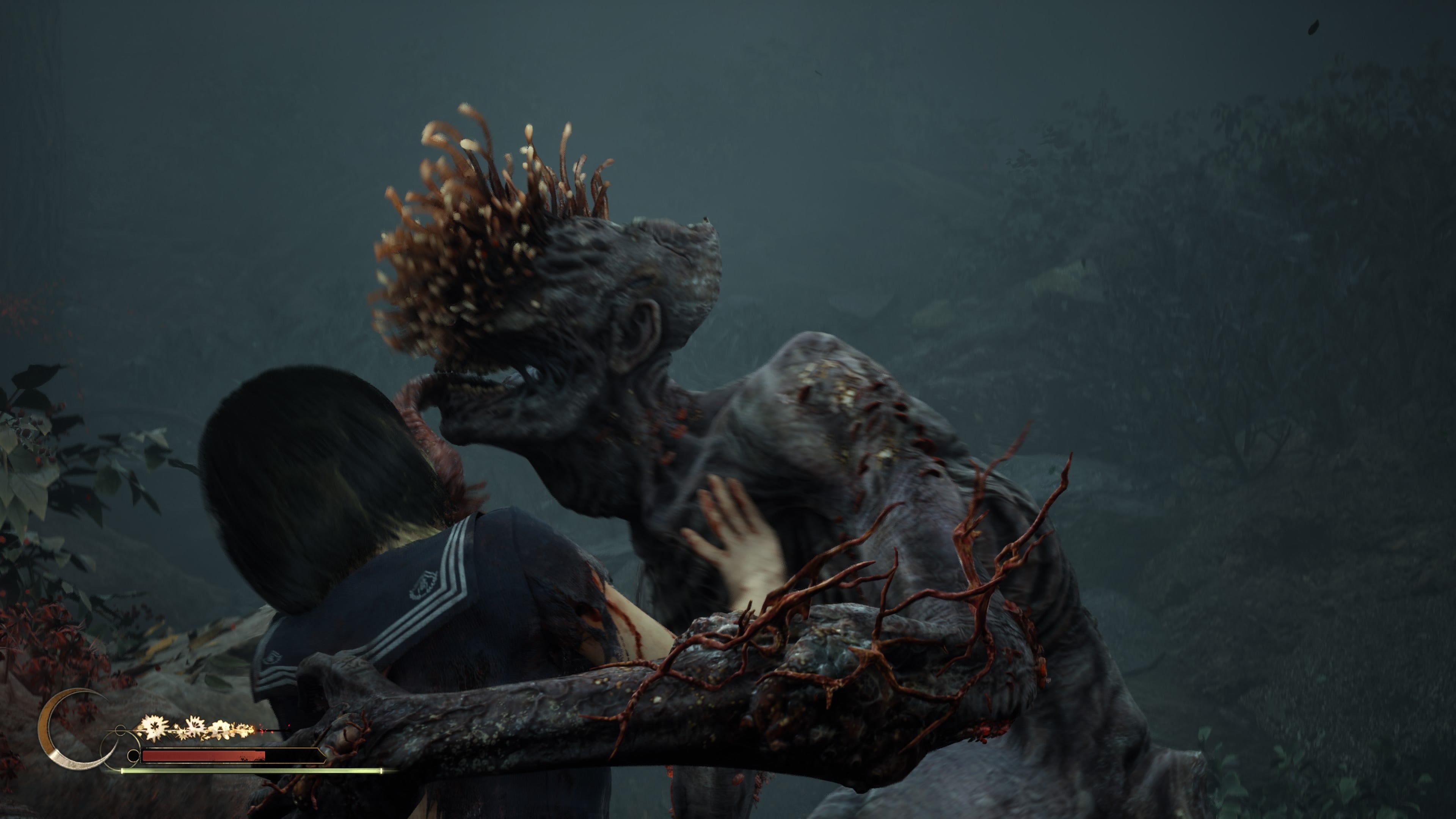 Hinako gets up close and personal with a disgusting creature as it grabs and attacks her. It's sinewy and strong, with red roots or veins sticking out from its arm. It looks blind, its face a collection of strange plants, but you can make out a human ear and a long tongue protruding from its mouth.