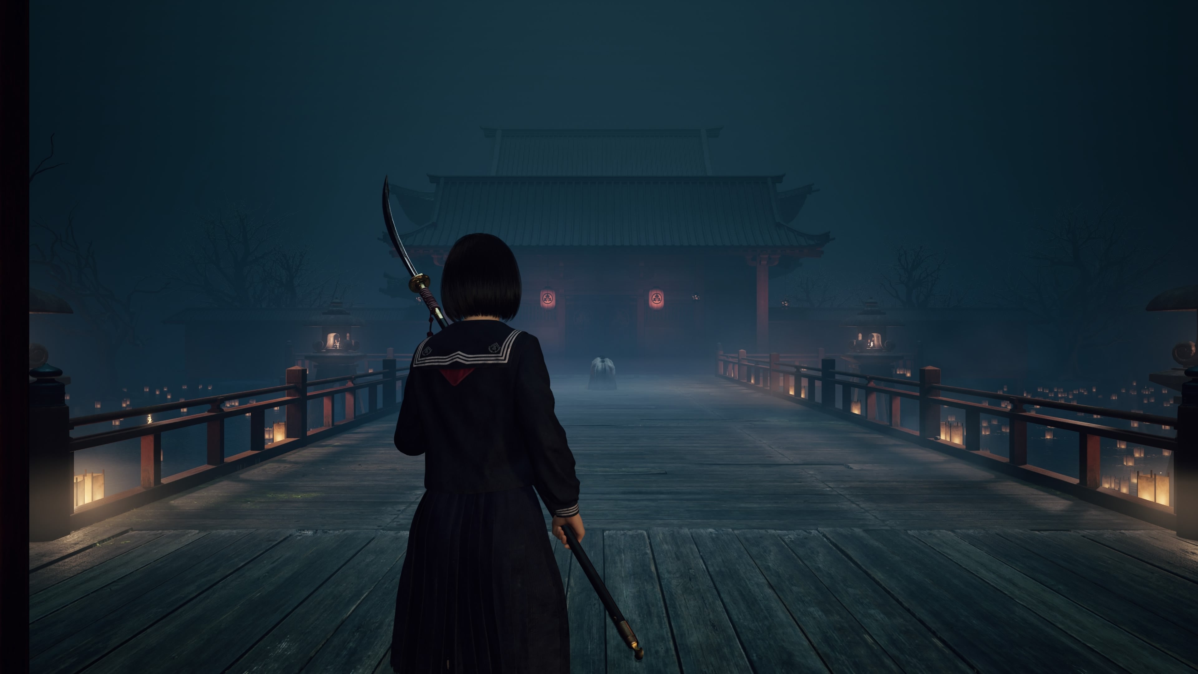 Hinako stands before a Japanese temple holding a long weapon. A figure is curled up on the wooden planks some distance away.