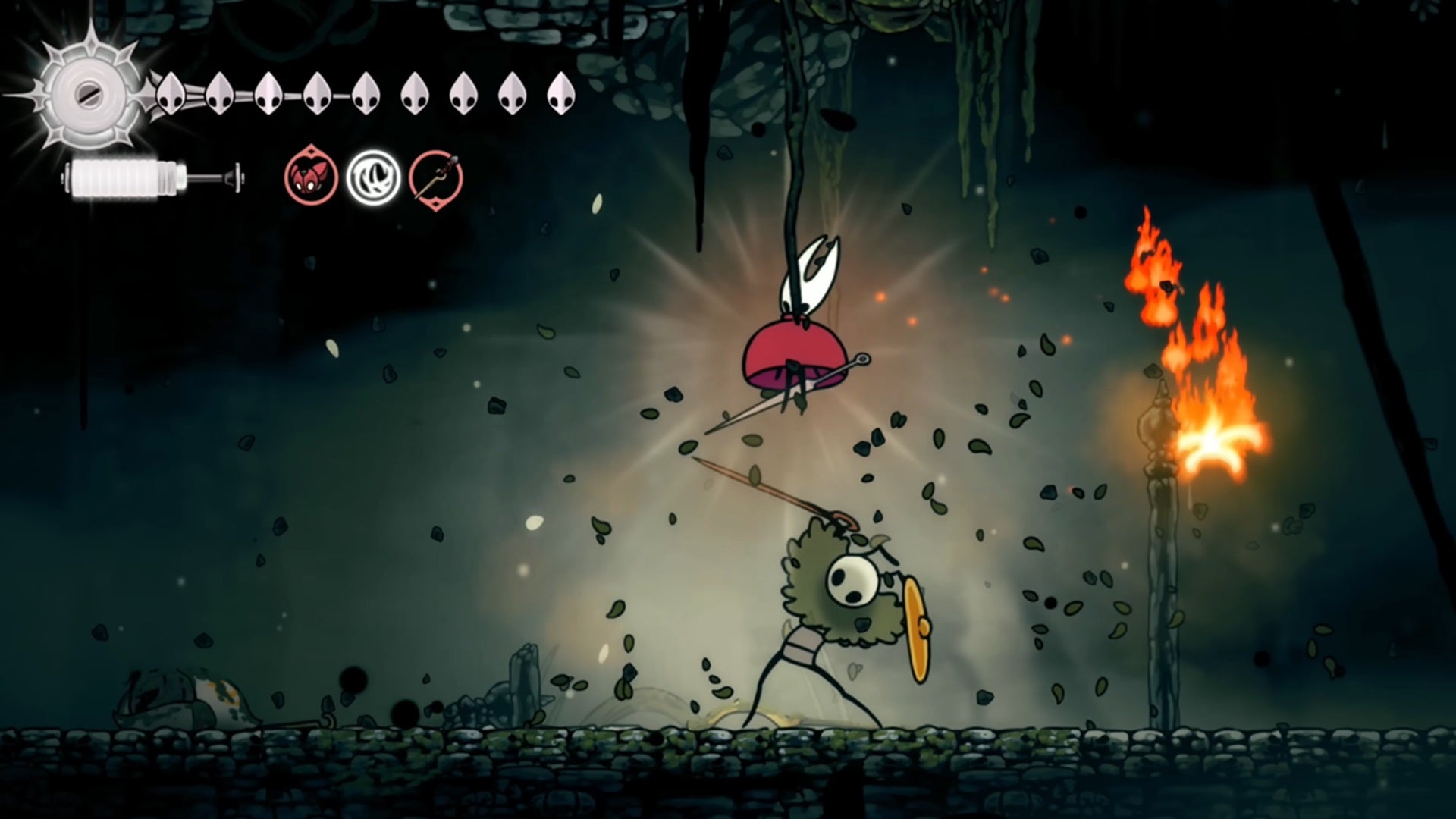 Hornet drifts over Shield Guardian Seth in Hollow Knight: Silksong. - 88