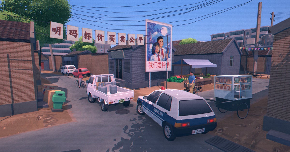Some 90s Chinese cars and trucks and a bicyclist, stacked up at a junction among low buildings with flags and signs. From the game Shifu: Traffic Masters.