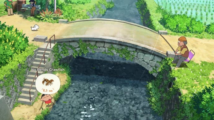 Shin chan fishes up a crawfish from a stream under a bridge, as an old man fishes nearby.