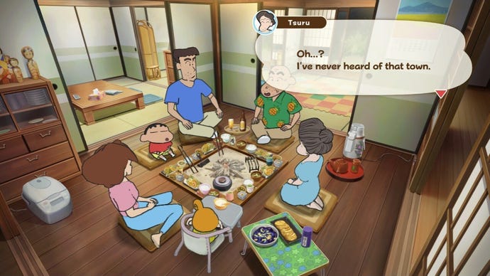 Shin chan sits around a hearth and eats with his family, as his grandma says she’s never heard of Coal Town.