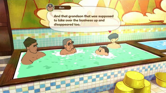 Shin chan bathes in an onsen with miners. One says it’s a shame that his son, who was meant to take over the family business, has left for the city.