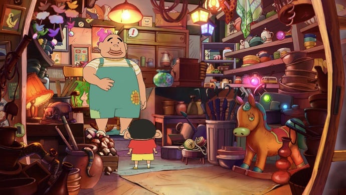 Shin chan talks to a quirky item vendor in Coal Town.
