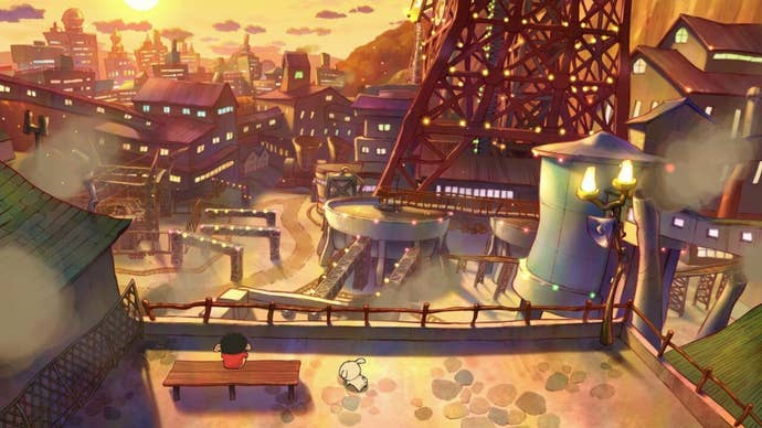 Shin chan sits on a bench and looks out over Coal Town.