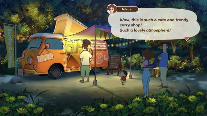 Shin chan, his mum, and his dad visit a night time curry van.