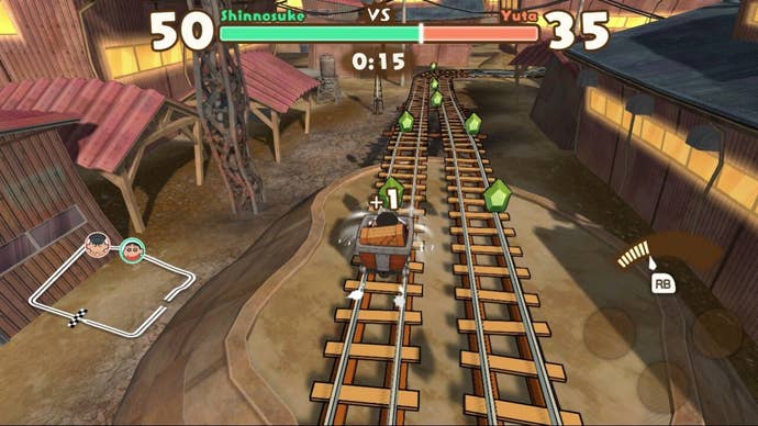 Shin chan races in a minecart/trolley and collects gems.