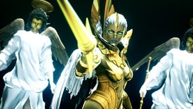 A powerful golden demon-lady points her weapon at the protagonist in Shin Megami Tensei: Vengeance.