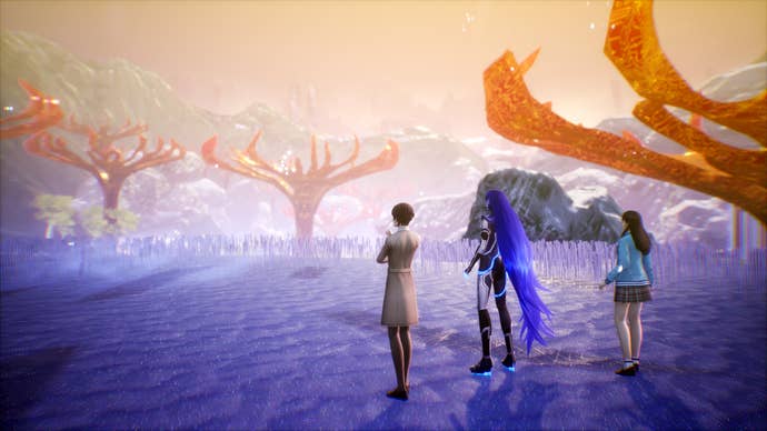 Yoko, Nahobino and Tao look out over Da’at in Shin Megami Tensei: Vengeance.