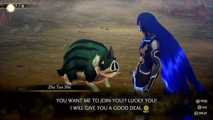 The protagonist bargains with a watermelon-looking pig demon in Shin Megami Tensei: Vengeance.