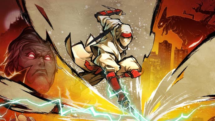 Artwork for Shinobi: Art of Vengeance showing a vibrantly illustrated ninja in white and red causing shockwaves by slamming his blade into the ground.