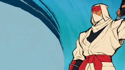 A ninja stands with one hand on his sword, looking to his right, over a blue background.