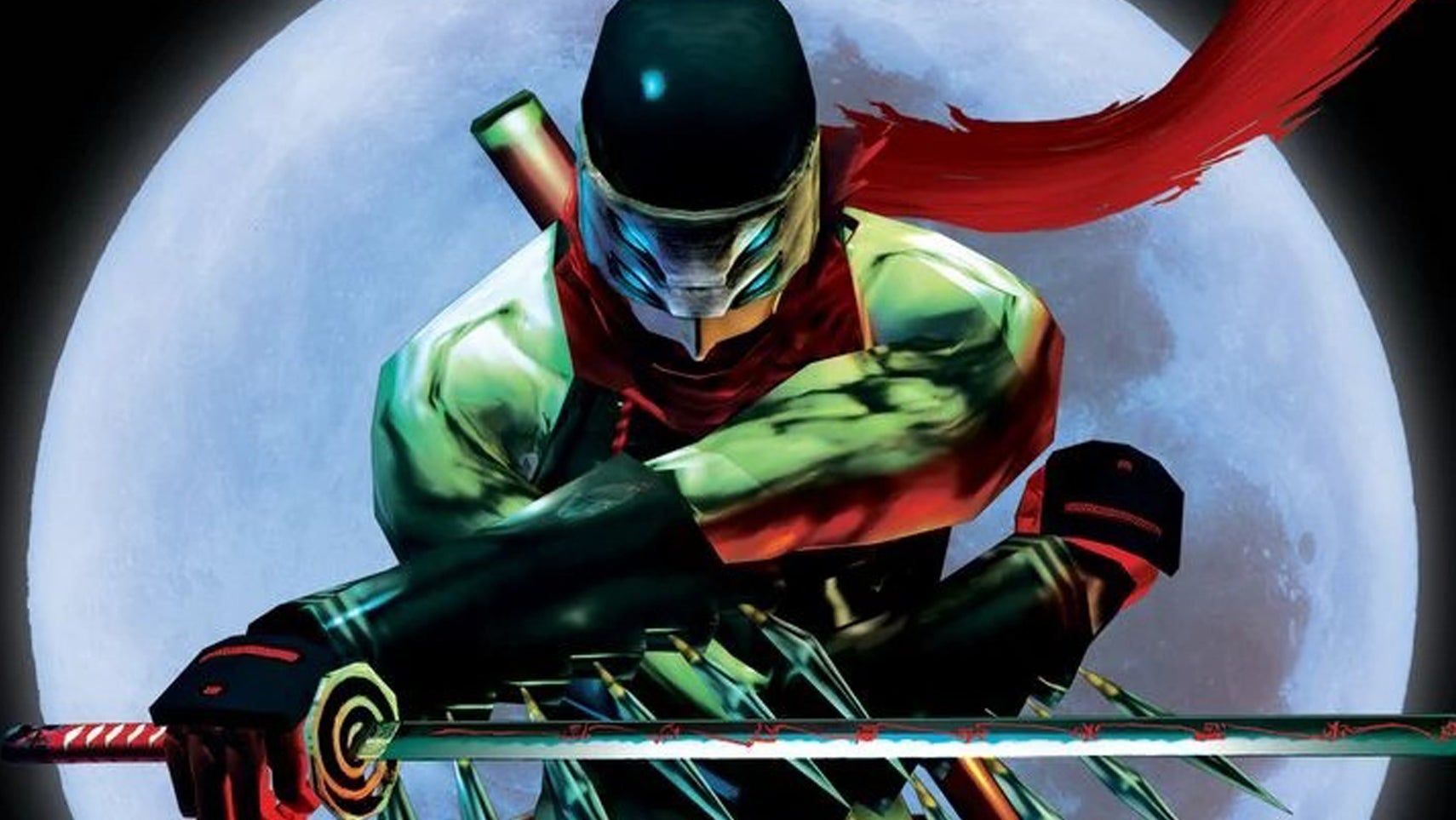 A ninja holding a sword wearing typical ninja gear in front of a full moon in key art for Shinobi. - 1