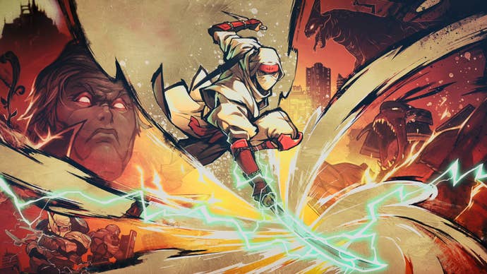 Key art for Shinobi: Art of Vengeance featuring a ninja striking the floor with an energised sword, and various demons surrounding it.