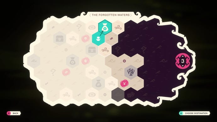A hexagonal tile-based map screen of The Forgotten Waters in Ship Of Fools