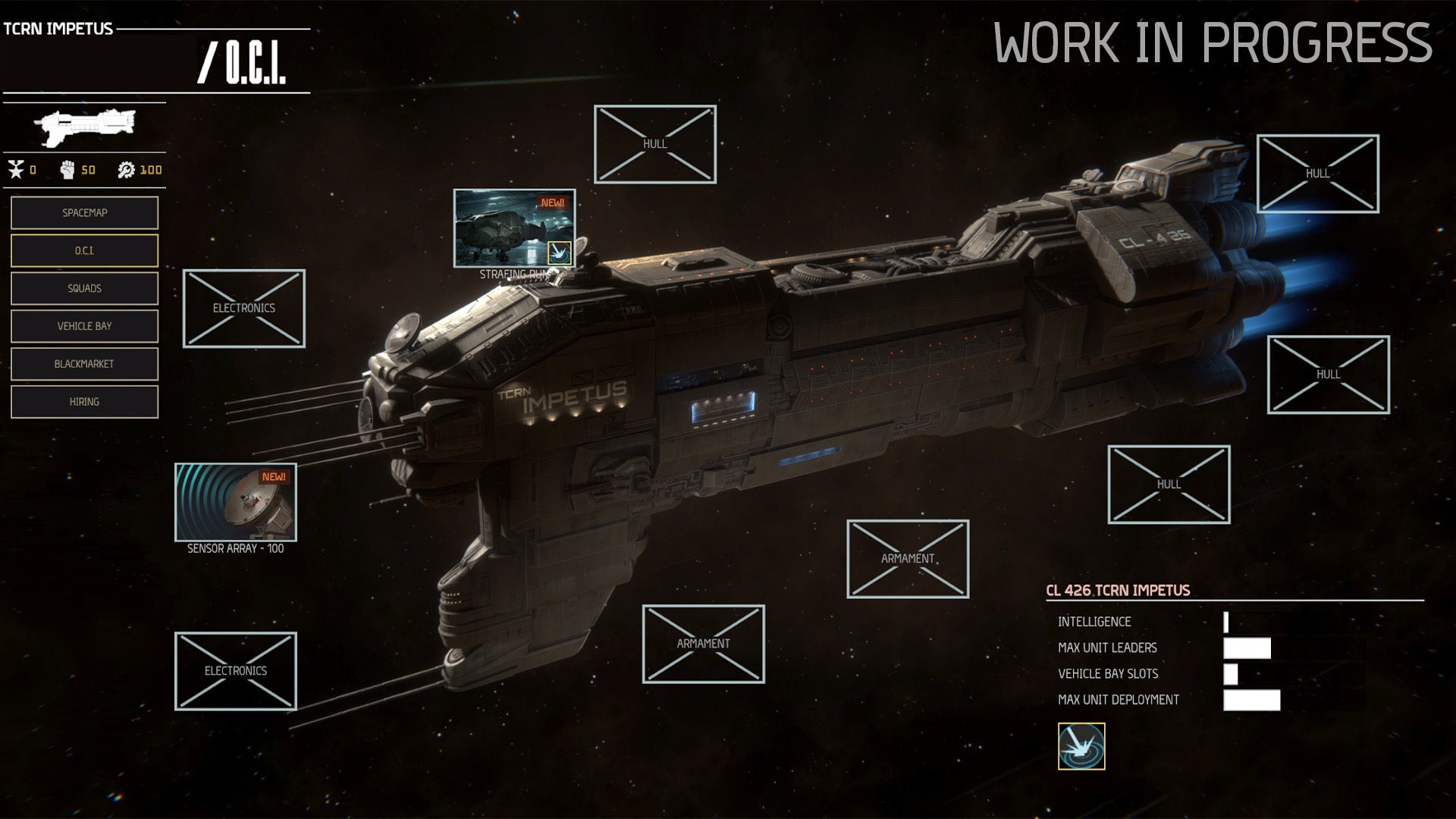 The ship screen in Menace, showing your vessel the Impetus with boxes for upgrades - 1