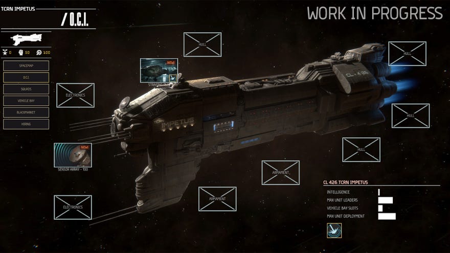 The ship screen in Menace, showing your vessel the Impetus with boxes for upgrades