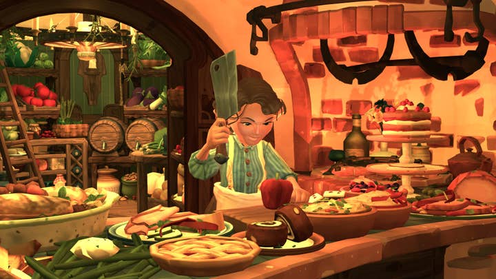 Tales of the Shire screenshot showing a Hobbit in the kitchen about to cut an apple with a giant cleaver