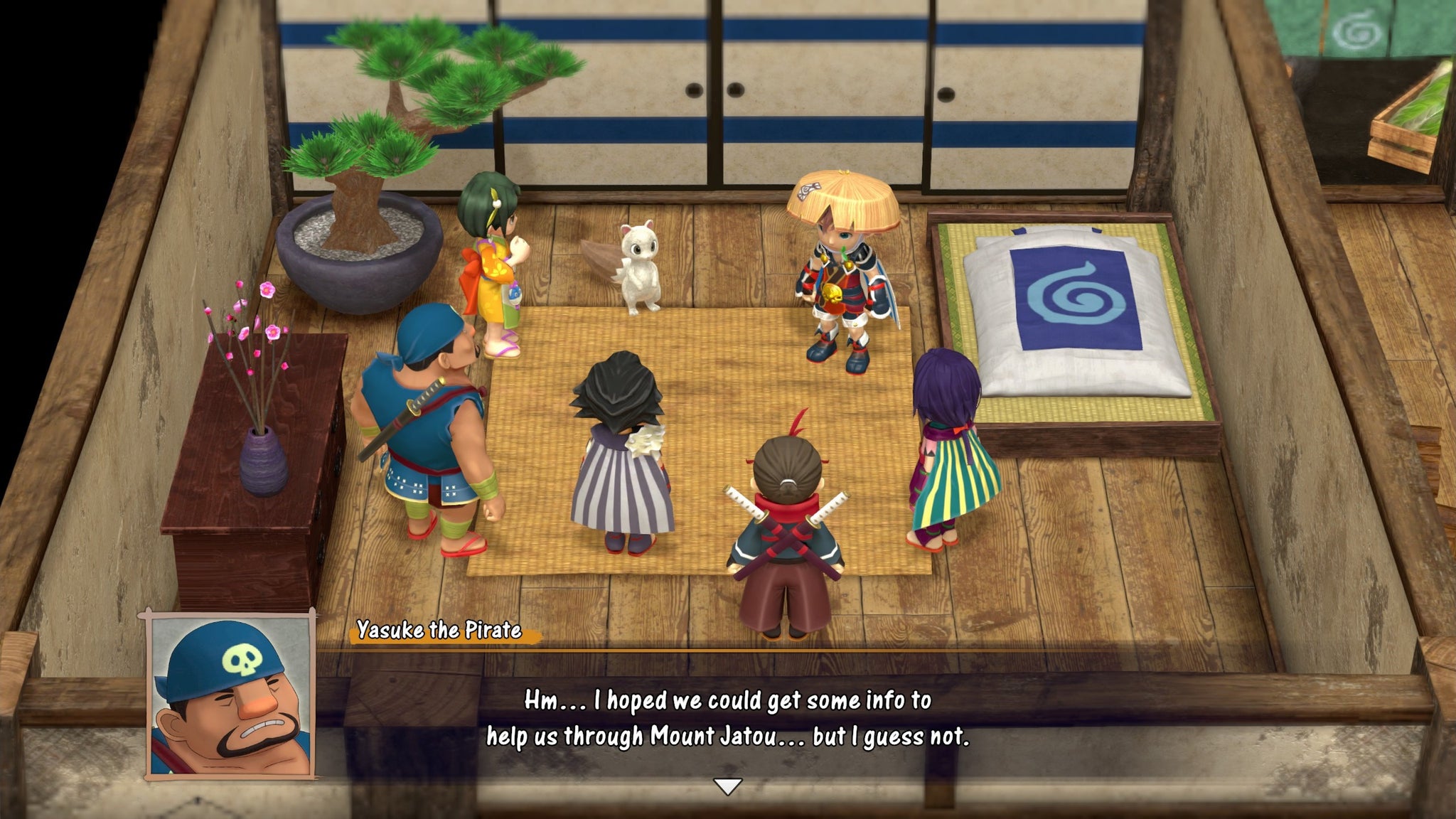 A group of friends and a talking ferret gather in a hotel in Shiren the Wanderer: The Mystery Dungeon of Serpentcoil Island. - 3