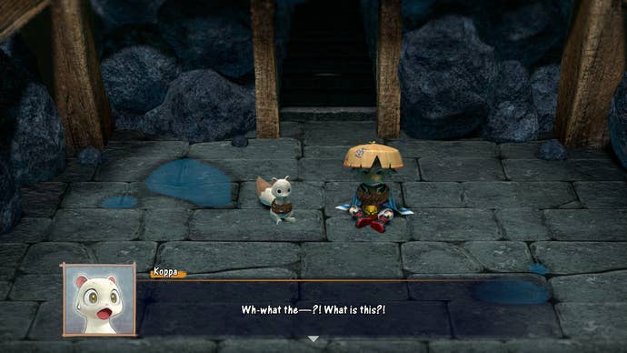 Shiren and Koppa in a dungeon in Shiren the Wanderer: The Mystery Dungeon of Serpentcoil Island.