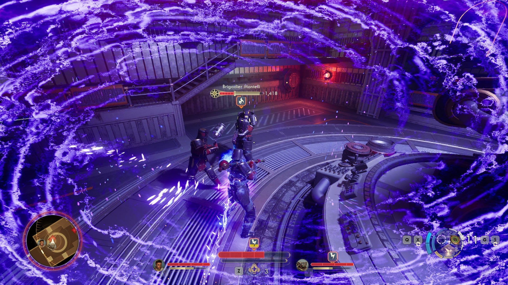 Shock damage swirls about the player as they fight a boss in The Outer Worlds 2. - 11