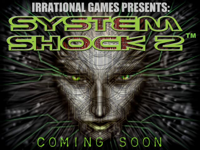 A teaser image for System Shock 2 from the Irrational website from the 1990s. The face of AI Shodan stares down at the viewer