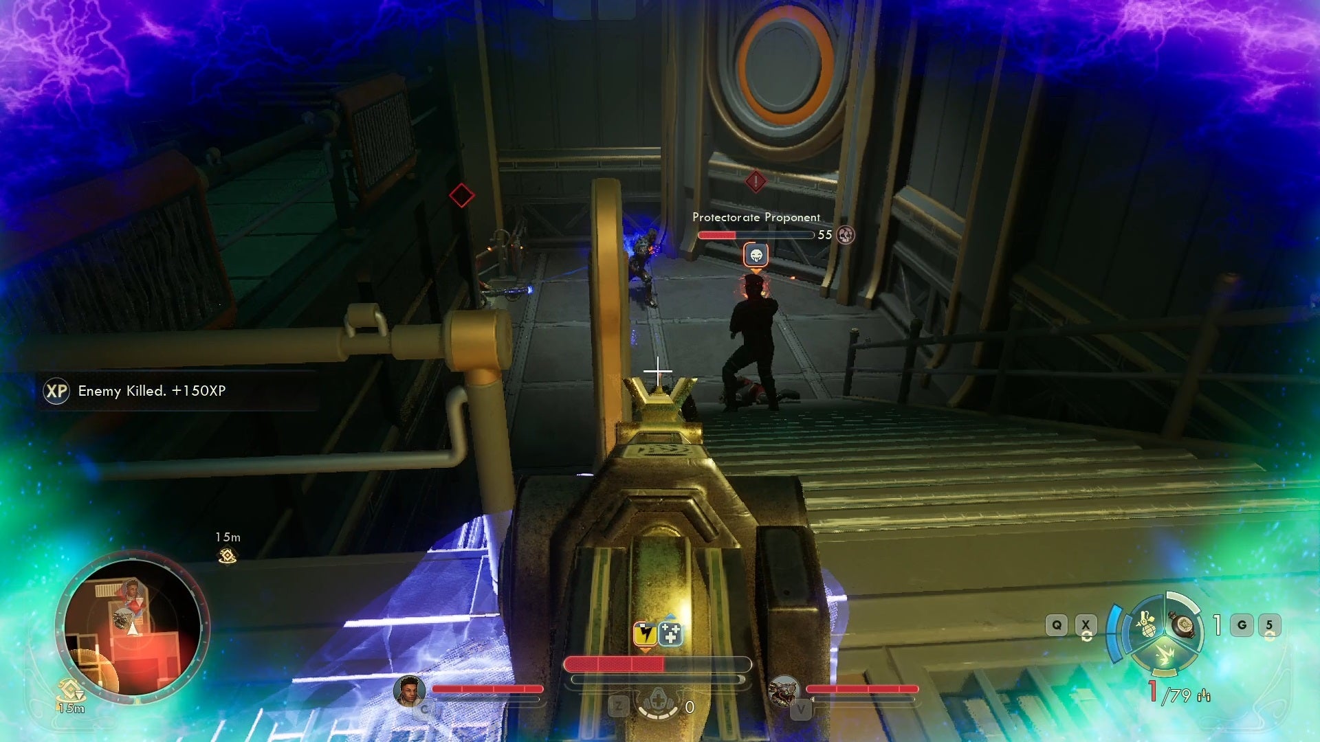 Shooting a Protectorate Proponent with a rifle in The Outer Worlds 2. - 7