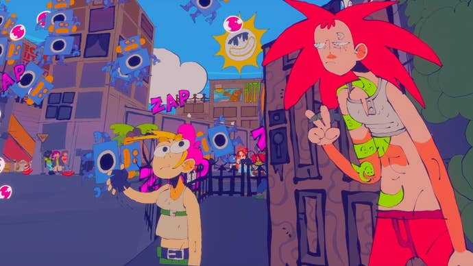 A brace of precise colourful radical are stood onlooking astatine a robot penetration successful Shooty Shooty Robot Invasion.