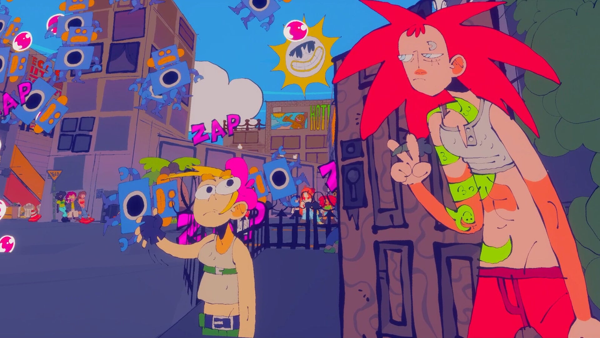 A pair of very colourful people are stood onlooking at a robot invasion in Shooty Shooty Robot Invasion. - 1