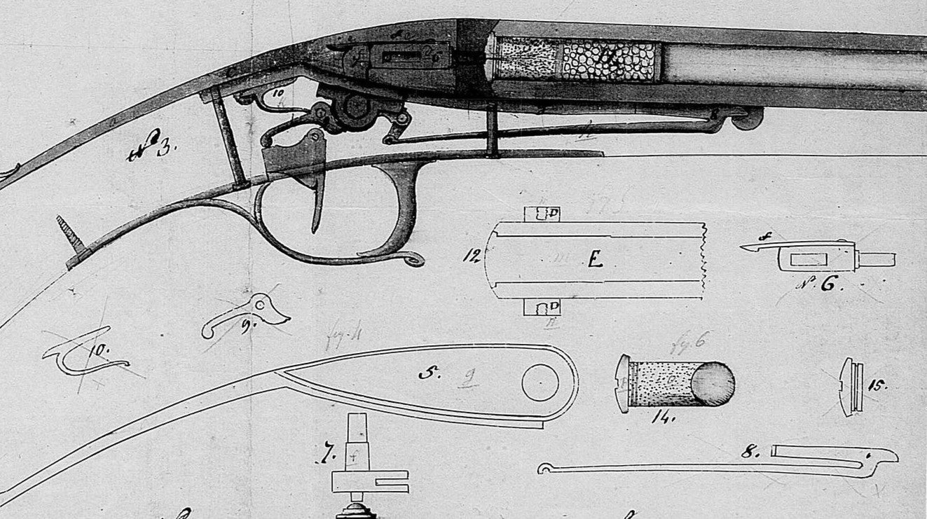 A very old drawing of a shotgun's firing mechanism - 1