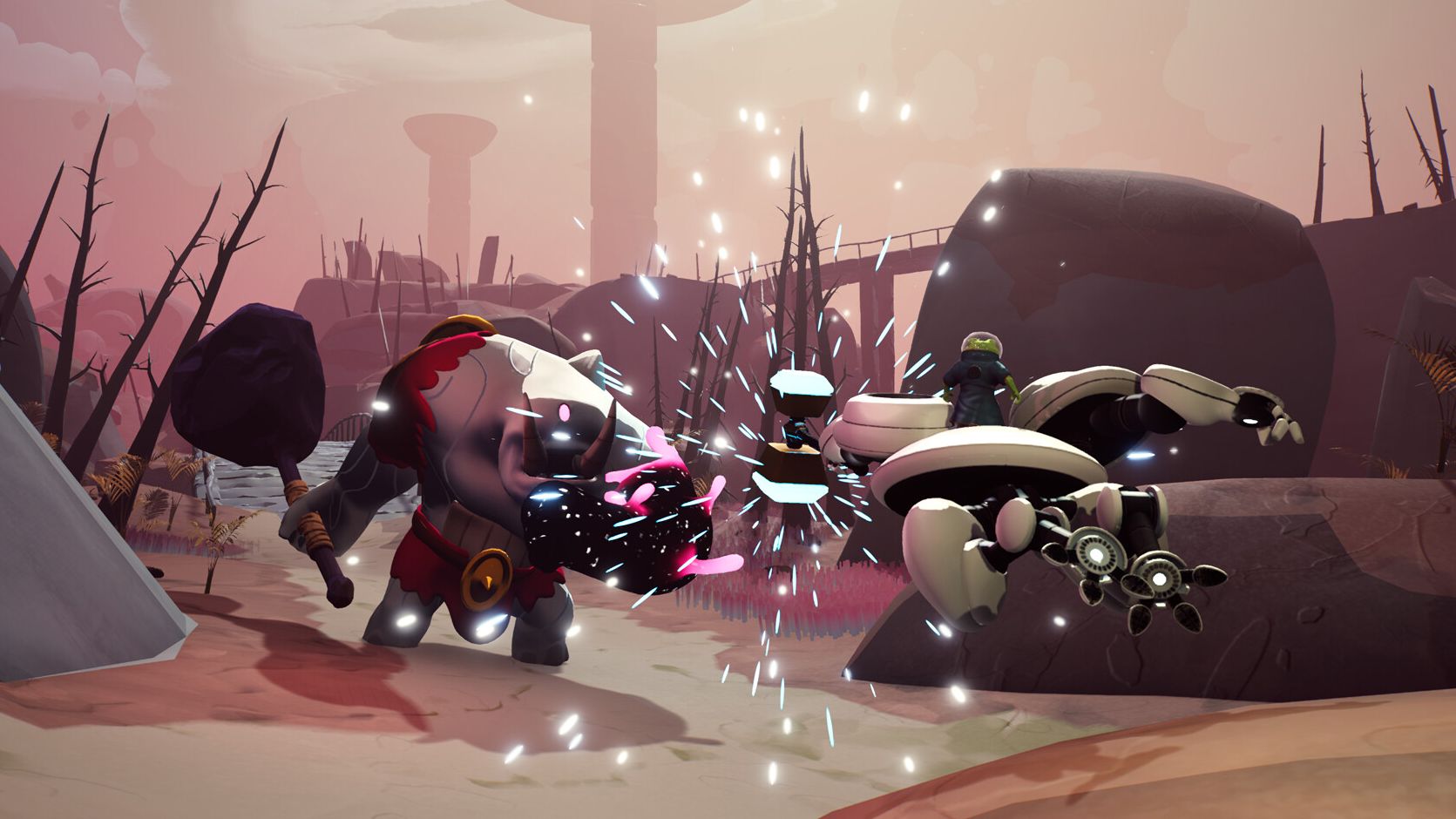 The mech in Shoulders of Giants clashes with a giant eyeless orc monster