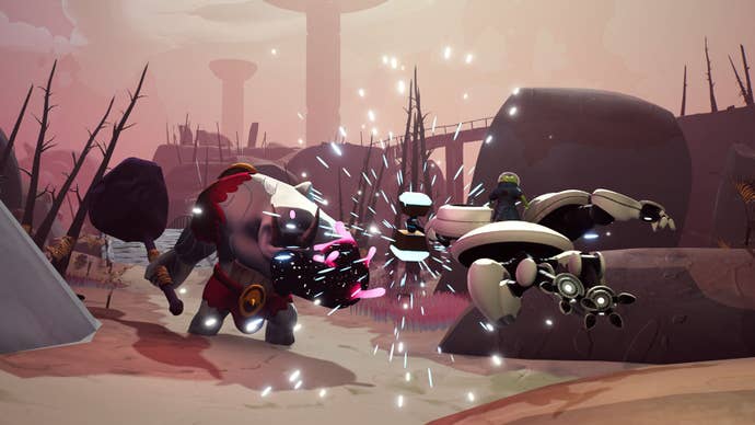 The mech in Shoulders of Giants clashes with a giant eyeless orc monster