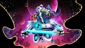 Artwork of a frog, panda, lizard and owl on top of a giant mech holding a sword in space in Shoulders Of Giants