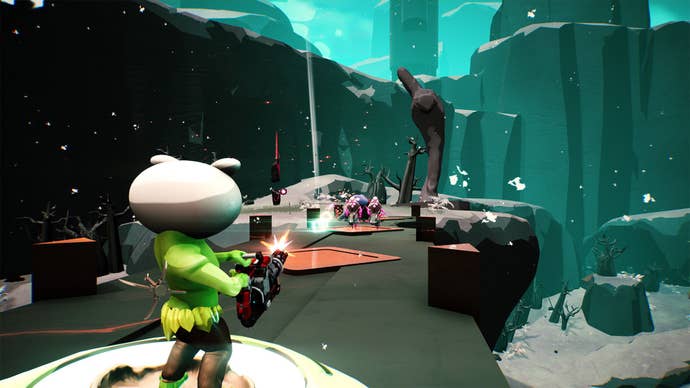 A frog’s eye view of battle from the back of a mech in 3d roguelike Shoulders Of Giants