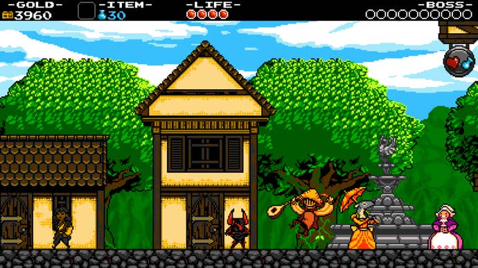 A chirpy medieval village in 2D platformer Shovel Knight
