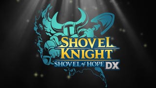 The Shovel Knight: Shovel of Hope DX logo, it shows the titular character behind the game's name, rendered in a style reminiscent of Final Fantasy logos.