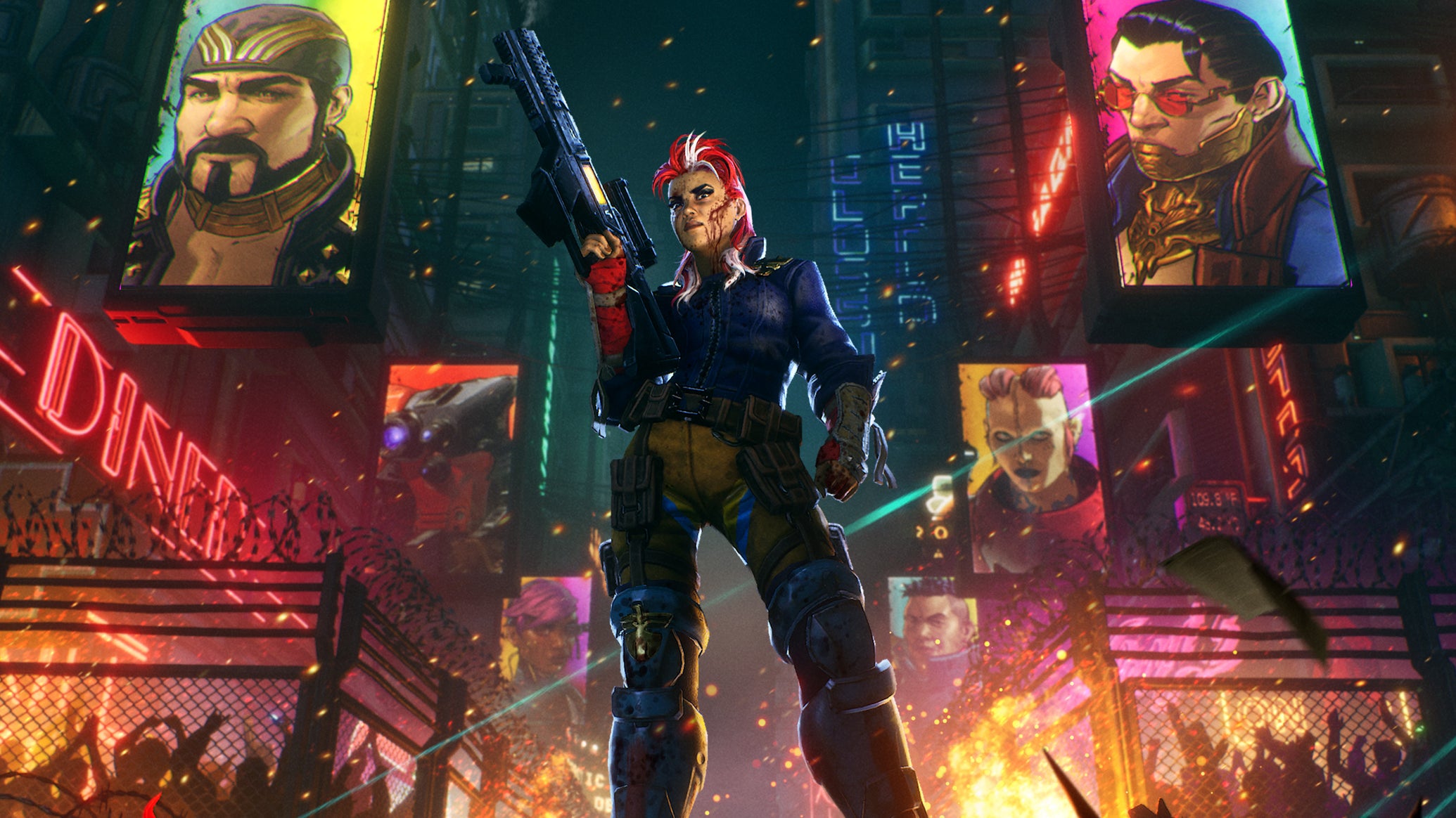 An armed woman in leather armour stands in a dystopian cityscape in the Showgunners key art. - 1
