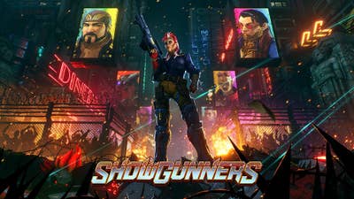 Promo art for Showgunners showing a woman holding a gun in a city on fire with barbed wire topped fences and silhouettes of people behind them