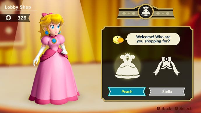 Five: Princess Peach: Showtime! screenshot shows Peach standing in a pink dress at the item shop, which features a black selection screen to pick either Peach or Stella.