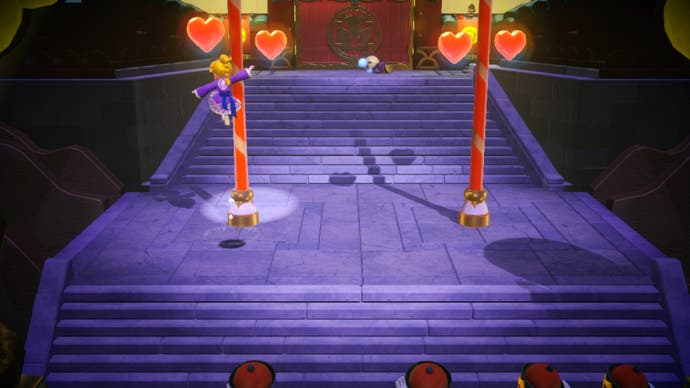 Seven: Princess Peach: Showtime! screenshot shows Peach collecting red hearts around red-striped poles.