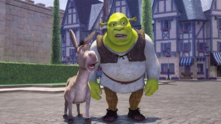 Shrek and Donkey stood in a town square looking surprised at something.