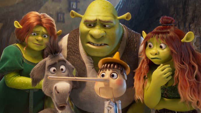 Fiona, Donkey, Shrek, and Felicia all looking at Pinocchio’s growing nose with their new looks for Shrek 5.
