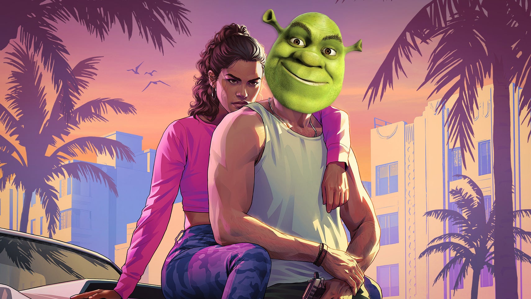 The Grand Theft Auto 6 key art showing our two protagonists sat on a bonnet of a car in downtown Miami. Except one of their heads has been overlaid with Shrek's head - a green-faced ogre - so it now has quite a different effect.