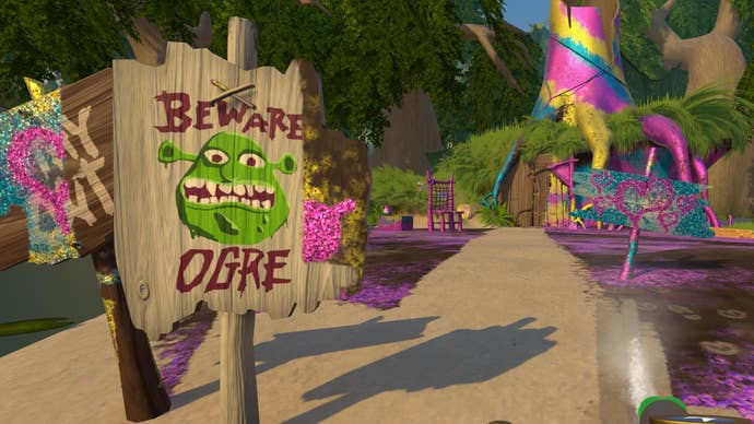 Screenshot of Shrek DLC in PowerWash Simulator showing “Beware Ogre” sign next to swamp home