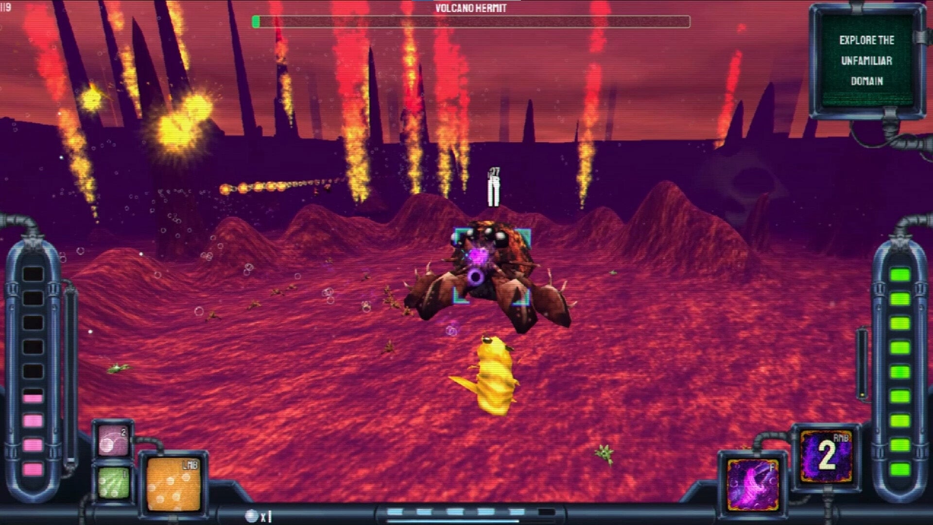 A screenshot from Shrimp Game showing a yellow shrimp doing battle with a giant sea creature. - 1