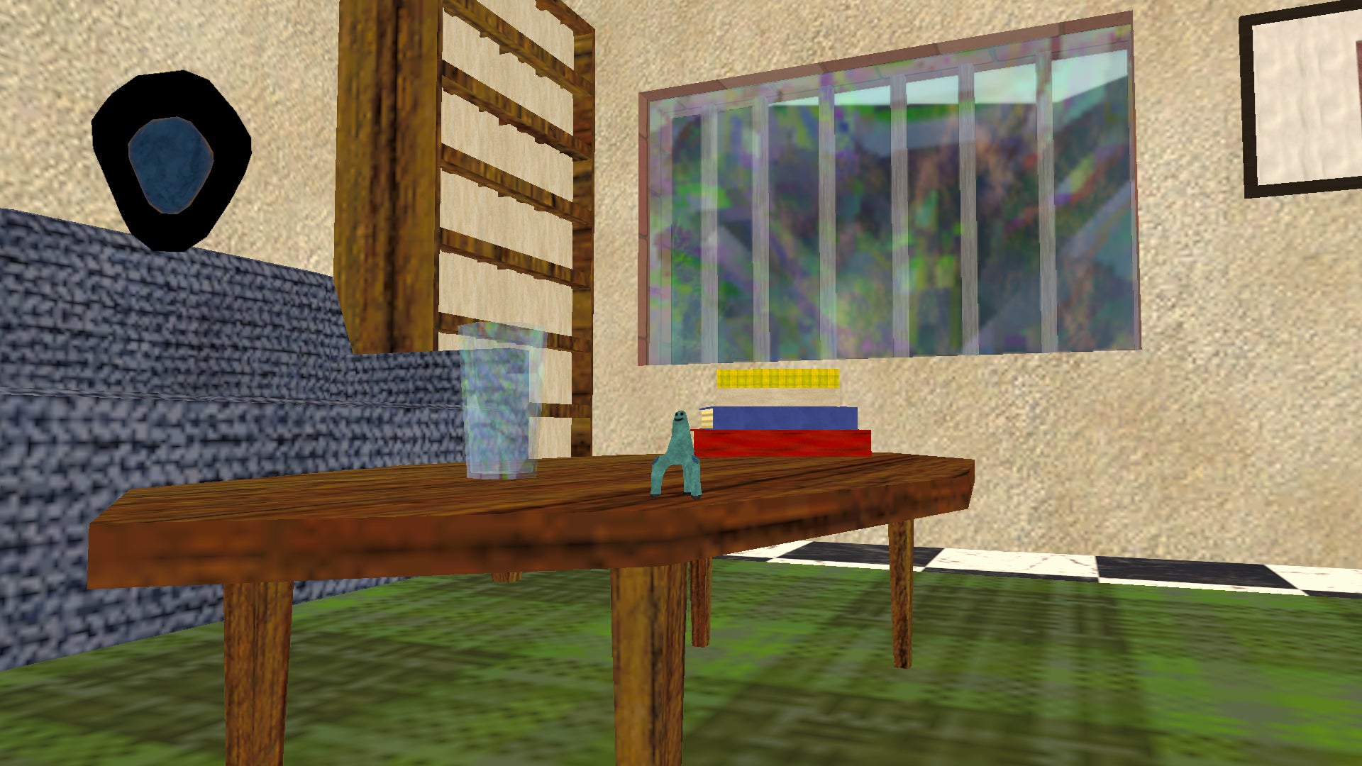 A grinning tripod platformer character with the power to change their size, standing on a coffee table in a room with a window and some books and a glass of water. - 1