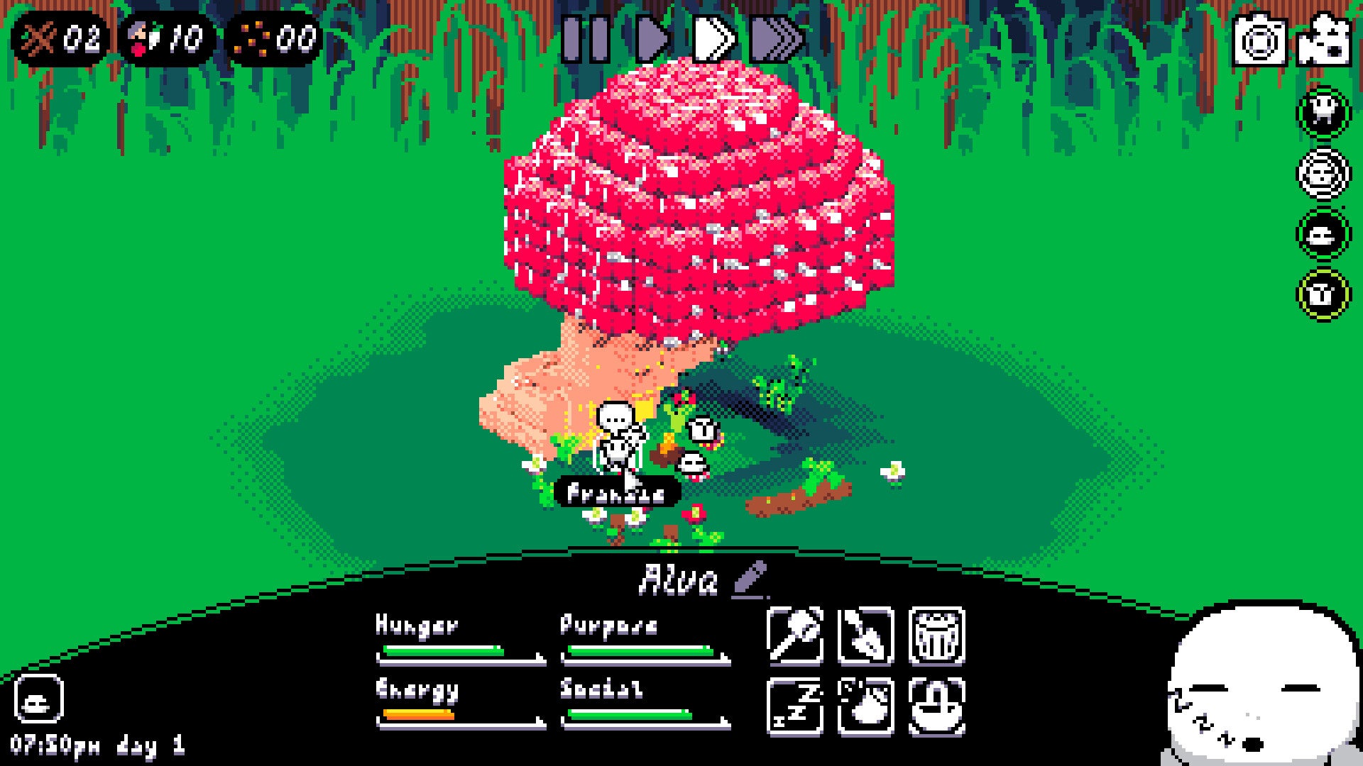 The player manages the status bars of a sleeping shroomie called Alva in Shroomchitect