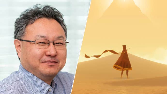 On the left, Shuhei Yoshida, a middle-aged Japanese man smiling, wearing glasses. On the right, key art for Journey of a small person in a red robe stood on some sand dunes, looking up at a glowing mountain.